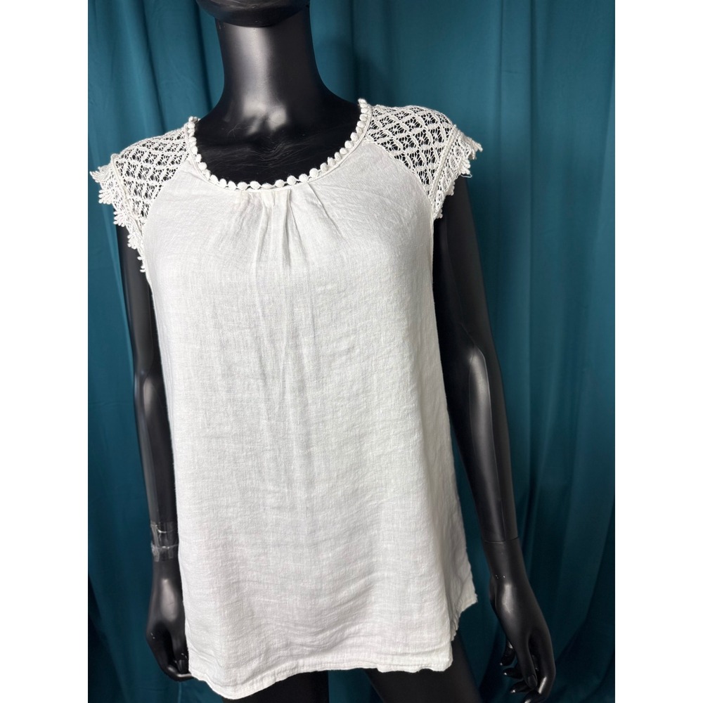 Alessia Pacini White 100%‎ Linen Lace Sleeve Blouse Made in Italy Size M